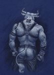  anthro bovine butt cattle chaps clothed clothing easy_access faceless_male harness horn male mammal muscular neverwolf pencil_(artwork) rear_view shackles solo standing tattoo topless traditional_media_(artwork) wrist_cuff 