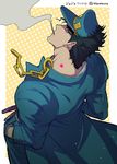  birthmark black_hair chain cigarette from_behind gunbam hat joestar_birthmark jojo_no_kimyou_na_bouken kuujou_joutarou long_coat male_focus smoking solo stardust_crusaders 