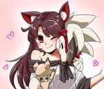  animal_ears bare_shoulders blush brooch brown_hair cheek_press closed_eyes crossover gen_7_pokemon heart imaizumi_kagerou jewelry long_hair lycanroc noel_(noel-gunso) one_eye_closed pokemon pokemon_(creature) pokemon_(game) pokemon_sm red_eyes rockruff sleeve_pushed_up sleeves_pushed_up smile touhou upper_body wolf_ears 