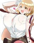  bouncing_breasts breasts brown_eyes brown_hair button_gap covered_nipples gloves hair_ornament hairclip heart heart_hair_ornament huge_breasts kurorettsu looking_at_viewer narusawa_ryouka necktie occultic;nine panties plaid plaid_skirt school_uniform short_hair skirt smile solo striped striped_neckwear translation_request underwear white_gloves white_panties 