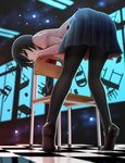  black_eyes black_hair black_legwear chair desk highres leaning_forward looking_at_viewer looking_back monogatari_(series) oshino_ougi owarimonogatari pantyhose school_uniform short_hair siraha skirt sleeves_past_wrists smile solo 