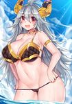  ahoge bad_proportions bare_shoulders bikini black_bikini breasts cameltoe cleavage cloud day draph fang granblue_fantasy horns large_breasts long_hair looking_at_viewer navel osiimi red_eyes silver_hair sky solo sunlight swimsuit thalatha_(granblue_fantasy) thighs very_long_hair wading water wet 
