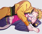  blonde_hair dio_brando gunbam jacket jojo_no_kimyou_na_bouken kuujou_joutarou lipstick makeup male_focus midriff multiple_boys smeared_lipstick stardust_crusaders yaoi yellow_jacket 