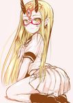  alternate_costume bespectacled black_legwear blonde_hair fang fate/grand_order fate_(series) glasses horns ibaraki_douji_(fate/grand_order) long_hair looking_at_viewer parted_lips pink_background pointy_ears red-framed_eyewear school_uniform sen_(astronomy) serafuku simple_background skirt socks solo yellow_eyes 