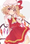  arm_behind_back asa_(coco) blonde_hair bow commentary_request cravat flandre_scarlet hand_on_own_face hat hat_bow looking_at_viewer mob_cap red_eyes side_ponytail solo touhou white_background wings wrist_cuffs 