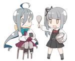  :t ahoge aqua_neckwear belt black_ribbon blue_hair boots bow bowtie brown_eyes chibi comah cross-laced_footwear dress eyebrows eyebrows_visible_through_hair food grey_eyes grey_hair grey_legwear hair_between_eyes hair_ribbon holding kantai_collection kasumi_(kantai_collection) kiyoshimo_(kantai_collection) lace-up_boots legs_apart long_hair long_sleeves low_twintails multicolored_hair multiple_girls neck_ribbon ohitsu onigiri open_mouth pantyhose pinafore_dress pleated_dress red_ribbon remodel_(kantai_collection) ribbon rice rice_spoon shirt side_ponytail silver_hair simple_background sitting sleeveless sleeveless_dress smile solid_oval_eyes standing stool twintails very_long_hair white_background white_shirt 