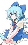  blue_eyes blue_hair blush bow cirno collared_shirt dress eating food hair_bow highres ice ice_wings looking_at_viewer popsicle shirt short_hair sitting solo touhou wings zk_(zk_gundan) 