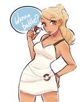  artist_name beauty_(pokemon) blonde_hair bracelet breasts brown_eyes cleavage commentary cowboy_shot dress hand_on_hip holding holding_poke_ball jewelry lips medium_breasts poke_ball poke_ball_(generic) pokemon pokemon_(game) pokemon_sm ponytail short_dress simple_background solo tan white_background white_dress wombo_drawnbo 