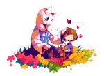  1girl =_= amakusa_(hidorozoa) androgynous boots brown_footwear brown_hair bug butterfly cake closed_eyes eating fang fang_out flower food food_on_face fork frisk_(undertale) goat_girl heart horns insect long_sleeves petting plate seiza sitting smile tabard toriel transparent_background undertale wide_sleeves 