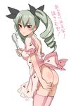  :t anchovy apron ass body_blush breasts cherry_print collarbone drill_hair food_print girls_und_panzer green_hair hair_ribbon kappougi long_hair medium_breasts pink_legwear print_apron red_eyes ribbon saikawa_yusa shiny shiny_hair simple_background solo thighhighs tongs translated twin_drills white_background 