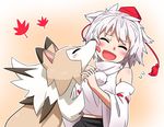  animal_ears bare_shoulders cheek_licking closed_eyes crossover detached_sleeves face_licking gen_7_pokemon hat inubashiri_momiji leaf licking lycanroc maple_leaf midriff noel_(noel-gunso) pokemon pokemon_(creature) pokemon_(game) pokemon_sm pom_pom_(clothes) red_hat ribbon-trimmed_sleeves ribbon_trim short_hair tokin_hat touhou upper_body white_hair wide_sleeves wolf_ears 