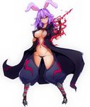  alternate_costume animal_ears ass_visible_through_thighs aura baggy_pants black_cloak black_panties breasts bunny_ears center_opening cloak closed_mouth commentary_request crotchless_pants full_body groin large_breasts long_hair looking_at_viewer lowleg lowleg_panties navel open_cloak panties pants purple_hair red_eyes red_pants reisen_udongein_inaba revealing_clothes solo sprout_(33510539) stomach touhou underwear white_background 