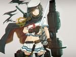  brown_gloves cape closed_mouth cowboy_shot cutlass_(sword) eyepatch gloves green_eyes green_hair grey_background groin hat head_tilt holding holding_sword holding_weapon kantai_collection kiso_(kantai_collection) machinery midriff navel neckerchief peaked_cap pleated_skirt sailor_collar sheath simple_background skirt solo sword takasugi_yasu weapon white_hat white_skirt 