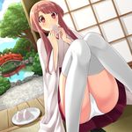  bridge brown_hair dutch_angle food food_on_face hakama holding holding_food japanese_clothes knees_together_feet_apart long_hair miko onigiri original panties pantyshot pantyshot_(sitting) plate pond red_eyes rock sakura_chiyo_(konachi000) short_hair_with_long_locks sitting sliding_doors solo thighhighs tree underwear water white_legwear white_panties wooden_floor 