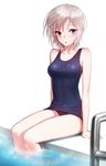  anastasia_(idolmaster) ankkoyom bad_id bad_pixiv_id blue_eyes blush breasts highres idolmaster idolmaster_cinderella_girls looking_at_viewer medium_breasts old_school_swimsuit one-piece_swimsuit one_eye_closed pool_ladder poolside school_swimsuit short_hair silver_hair sitting soaking_feet solo swimsuit twitter_username wet wet_clothes wet_hair wet_swimsuit 