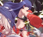  1girl assassin_(fate/stay_night) bikini black_bikini blood blue_eyes boxing_gloves breasts earrings face_punch fate/grand_order fate_(series) front-tie_top hat hat_removed headwear_removed hoop_earrings in_the_face jewelry long_hair medium_breasts midriff motion_blur navel parted_lips punching purple_hair saint_martha saint_martha_(swimsuit_ruler)_(fate) sarong sideboob skindentation swimsuit tsuyadashi_shuuji 