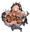  ;q black_footwear black_legwear blonde_hair blush book bow bowtie cagliostro_(granblue_fantasy) closed_mouth full_body granblue_fantasy halloween halloween_costume hand_gesture head_tilt high-waist_skirt hood knees_together_feet_apart legs_up long_hair mismatched_legwear one_eye_closed open_book orange_bow orange_neckwear orange_skirt pantyhose petticoat puffy_short_sleeves puffy_sleeves purple_eyes shirt shoes short_sleeves signature skirt smile solo sparkle suspenders tongue tongue_out very_long_hair white_background white_shirt yoo_(tabi_no_shiori) 