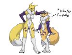  ajvulpes blue_eyes breasts digimon female fluffy fluffy_tail fur multicolored_fur nude renamon simple_background smile tongue tongue_out two_tone_fur white_background white_fur yellow_fur 