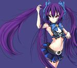  1girl arc_system_works bare_shoulders belt blazblue blazblue:_central_fiction breasts choujigen_game_neptune compile_heart cosplay detached_sleeves hades_izanami idea_factory kami_jigen_game_neptune_v long_hair mikado_(blazblue) miniskirt neptune_(series) noire noire_(cosplay) purple_background purple_hair red_eyes simple_background skirt smile solo thighhighs twintails very_long_hair 