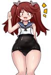  :3 arm_behind_back covered_navel crop_top eyebrows eyebrows_visible_through_hair flat_chest hand_up kantai_collection long_hair one-piece_swimsuit plump red_eyes red_hair ryuujou_(kantai_collection) school_swimsuit solo swimsuit swimsuit_under_clothes thick_thighs thighs twintails yukinojou_yakan 
