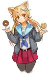  animal_ears black_legwear blonde_hair borrowed_character doughnut floating food long_hair looking_at_viewer original pantyhose pine-chan_ver._1 pleated_skirt red_eyes sachito school_uniform serafuku simple_background skirt solo white_background 