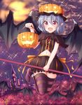  bat black_legwear black_shirt black_skirt blue_hair capelet commentary_request demon_wings fang flying full_body fur_trim hair_between_eyes halloween jack-o'-lantern jewelry meuneyu moon navel open_mouth palace pendant pointy_ears pumpkin_hat purple_footwear purple_legwear red_eyes remilia_scarlet shirt shoes signature skirt sleeveless smile solo sparkle staff striped striped_legwear thighhighs touhou winged_hat wings 