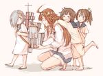  =_= ahoge alternate_costume brown_eyes brown_hair commentary double_bun dress from_side grey_eyes grey_hair grin hair_ornament hairband hairclip hamakaze_(kantai_collection) helping hug hug_from_behind kantai_collection kongou_(kantai_collection) long_hair looking_at_another miyuki_(kantai_collection) multiple_girls open_mouth ponytail sailor_collar sandals shikinami_(kantai_collection) short_hair shorts simple_background smile squatting turret yamada_rei_(rou) younger 