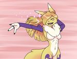  3_fingers ajvulpes anthro blonde_hair breasts bridal_gauntlets canine digimon eyes_closed featureless_breasts featureless_crotch female fox fur hair mammal mostly_nude navel open_mouth open_smile renamon smile solo sparkles white_belly white_fur yellow_fur 