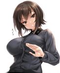  blush breasts brown_eyes brown_hair cross girls_und_panzer grin impossible_clothes kure_masahiro kuromorimine_school_uniform large_breasts long_sleeves looking_at_viewer looking_down nishizumi_maho school_uniform shiny shiny_hair short_hair sidelocks simple_background smile solo translation_request white_background 
