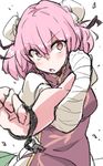  :o bandaged_arm bandages blush bun_cover chain crossed_arms cuffs double_bun highres ibaraki_kasen looking_at_viewer pink_eyes pink_hair puffy_short_sleeves puffy_sleeves shackles short_hair short_sleeves solo stretch tabard touhou upper_body v-shaped_eyebrows zk_(zk_gundan) 