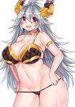  ahoge bad_proportions bare_shoulders bikini black_bikini breasts cameltoe cleavage draph fang granblue_fantasy horns large_breasts long_hair looking_at_viewer navel osiimi red_eyes silver_hair simple_background solo sunlight swimsuit thalatha_(granblue_fantasy) thighs very_long_hair white_background 