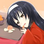  artist_name bad_id bad_pixiv_id black_hair blush bowl brown_eyes food fruit girls_und_panzer hairband kotatsu long_hair mandarin_orange open_mouth orange orange_background orange_peel orange_slice outline reizei_mako sakura_chiyo_(konachi000) simple_background sitting sleepy sleeves_past_wrists solo table twitter_username white_hairband 