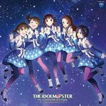  ^_^ album_cover amami_haruka asymmetrical_legwear black_hair blue_dress blue_ribbon brown_eyes brown_hair closed_eyes copyright_name cover detached_sleeves dress futami_ami futami_mami highres holding_hands idolmaster idolmaster_(classic) idolmaster_platinum_stars interlocked_fingers kikuchi_makoto long_hair mana_(gakuburu) minase_iori multiple_girls neck_ribbon night night_sky official_art one_eye_closed one_side_up open_mouth pantyhose ponytail print_dress ribbon short_hair sky smile sparkle_print star_(sky) starry_sky 