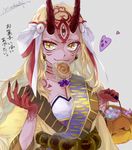  absurdres blonde_hair candy fang fangs fangs_out fate/grand_order fate_(series) food halloween highres horns ibaraki_douji_(fate/grand_order) japanese_clothes lollipop long_hair mouth_hold oni solo swirl_lollipop tattoo toudai_(see-you!my_wonderland) upper_body yellow_eyes 