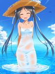  a9b_(louis814) aircraft airplane arms_behind_back black_hair closed_eyes cloud condensation_trail day dress francesca_lucchini hat highres long_hair open_mouth panties ribbon see-through sky smile solo strike_witches striped striped_panties sun_hat sundress twintails underwear wading water wet wet_clothes wet_dress white_dress world_witches_series 