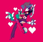  amakusa_(hidorozoa) closed_mouth double_w hair_over_one_eye hand_up heart high_heels holding looking_at_viewer mettaton mettaton_ex microphone multiple_boys pink_background red_eyes robot short_hair simple_background smile undertale w 
