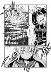  blood blood_from_mouth bow breasts comic greyscale grin hair_over_one_eye hair_ribbon kantai_collection long_hair looking_at_viewer medium_breasts monochrome multiple_girls neckerchief open_mouth ribbon school_uniform serafuku shimakaze_(kantai_collection) shirt short_sleeves sleeveless sleeveless_shirt smile surprised tone_(kantai_collection) translated twintails wide-eyed zepher_(makegumi_club) 