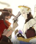  2boys artist_name belt black_gloves blonde_hair blue_eyes bodysuit brown_eyes brown_hair cape carrying cigar cowboy_hat d.va_(overwatch) finger_on_trigger gearous genderswap genderswap_(ftm) genderswap_(mtf) gloves gun hair_over_one_eye hand_up handgun hat headgear headphones holding holding_gun holding_weapon long_hair long_sleeves looking_at_another male_focus mccree_(overwatch) mechanical_halo mechanical_wings mercy_(overwatch) multiple_boys open_mouth overwatch pilot_suit power_suit princess_carry red_cape revolver short_hair short_sleeves simple_background smile smoke teeth teeth_hold thigh_strap turtleneck weapon white_background wings 