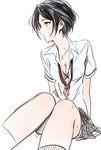  black_hair breasts cleavage hayami_kanade idolmaster idolmaster_cinderella_girls jewelry looking_to_the_side miniskirt necklace necktie penki short_hair short_sleeves sitting sketch skirt solo white_background yellow_eyes 