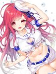  ahoge blush breasts choker cleavage cleavage_cutout collarbone hand_on_headwear hat highres large_breasts long_hair midriff mutsutake navel open_mouth rasis red_eyes red_hair sailor_collar short_shorts shorts simple_background smile solo sound_voltex thighhighs water_drop white_background 