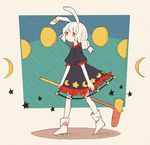  ambiguous_red_liquid animal_ears bad_id bad_twitter_id blue_dress bunny_ears crescent daizu_(melon-lemon) dress ear_clip full_body highres kine limited_palette mallet moon_rabbit red_eyes seiran_(touhou) solo stain star touhou 