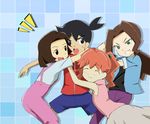  1boy 3girls :d :o amazake_arika arm_grab black_eyes black_hair blush bob_cut brown_eyes brown_hair clenched_teeth eye_contact eyes_closed green_eyes grin happy harem hug ikki ikki_tenryou junmai_karin kikuhime loli long_hair looking_at_another looking_to_the_side medarot multiple_girls open_mouth orange_hair pants ponytail round_teeth short_hair short_ponytail shorts skirt sleeveless smile standing teeth twintails 