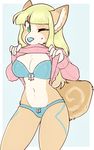  2016 anthro big_breasts blonde_hair blue_background blue_bottomwear blue_markings blue_nose blue_topwear border bra breasts brown_body brown_fur brown_tail canine cleavage clothed clothing clothing_lift countershading digital_media_(artwork) female front_view fur green_eyes hair hi_res long_hair looking_at_viewer mammal markings midriff multicolored_body multicolored_fur multicolored_tail navel one_eye_closed outside_border panties pink_topwear portrait reira_(sayomiyumi) ribbons shirt shirt_lift simple_background solo standing sweater tan_body tan_fur tan_tail three-quarter_portrait two_tone_tail underwear white_body white_border white_fur wink zyira 