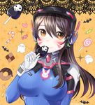  :3 animal_print bangs bat blush bodysuit bracer breasts breasts_apart brown_eyes brown_hair bunny_print candy candy_cane closed_mouth cookie d.va_(overwatch) doughnut eating eyebrows eyebrows_visible_through_hair eyelashes facepaint facial_mark food ghost gloves hair_between_eyes halloween hand_up headphones heart high_collar highres large_breasts lollipop long_hair long_sleeves looking_at_viewer overwatch pauldrons pilot_suit reaper_(overwatch) ribbed_bodysuit shoulder_pads skin_tight smile solo sparkle swirl_lollipop turtleneck twitter_username ubi_(ekdus6080) upper_body whisker_markings white_gloves 