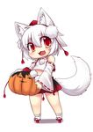  :3 albino animal_ears bare_legs bare_shoulders blush character_print chibi crop_top detached_sleeves eyebrows eyebrows_visible_through_hair geta hakama_skirt halloween happy hat highres hikimayu inubashiri_momiji jack-o'-lantern kimeemaru midriff miniskirt open_mouth pom_pom_(clothes) red_eyes shameimaru_aya shirt skirt sleeveless sleeveless_shirt solo tabi tail tengu-geta tokin_hat touhou white_hair wolf_ears wolf_tail wolflong 