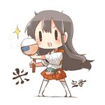  akagi_(kantai_collection) american_flag american_flag_print archery black_eyes black_hair blush bowl chibi chopsticks commentary flag_print holding japanese_clothes kantai_collection long_hair lowres muneate open_mouth pun rebecca_(keinelove) rice solo sparkle steam straight_hair thighhighs white_legwear 