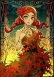  art_nouveau autumn autumn_leaves crescent flat_chest green_eyes hair_ornament jewelry leaf leaf_on_head lips low_twintails necklace original pointy_ears radittz red_hair sleeveless solo twintails 