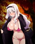  bag bikini blush breasts covered_nipples hairband heavy_breathing idolmaster idolmaster_(classic) jabara_tornado jacket large_breasts long_hair looking_at_viewer open_clothes open_jacket purple_eyes red_bikini shijou_takane shoulder_bag silver_hair smile solo swimsuit 