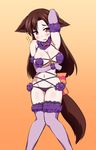  animal_ears breasts brown_hair cleavage cosplay dangerous_beast embarrassed fate/grand_order fate_(series) flying_sweatdrops fur fur-trimmed_gloves fur-trimmed_legwear fur_trim gloves gradient gradient_background groin halloween_costume imaizumi_kagerou large_breasts long_hair looking_at_viewer mash_kyrielight mash_kyrielight_(cosplay) navel nisshisshi o-ring o-ring_top open_mouth red_eyes ribbon solo tail touhou underwear wolf_ears wolf_tail 