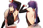  1boy arm_up armpits back bare_shoulders bridal_gauntlets ensemble_stars! from_behind fur japanese_clothes kanzaki_souma karochin_(kotnec3) long_hair looking_at_viewer male_focus multiple_views ponytail purple_eyes purple_hair solo traditional_clothes upper_body 